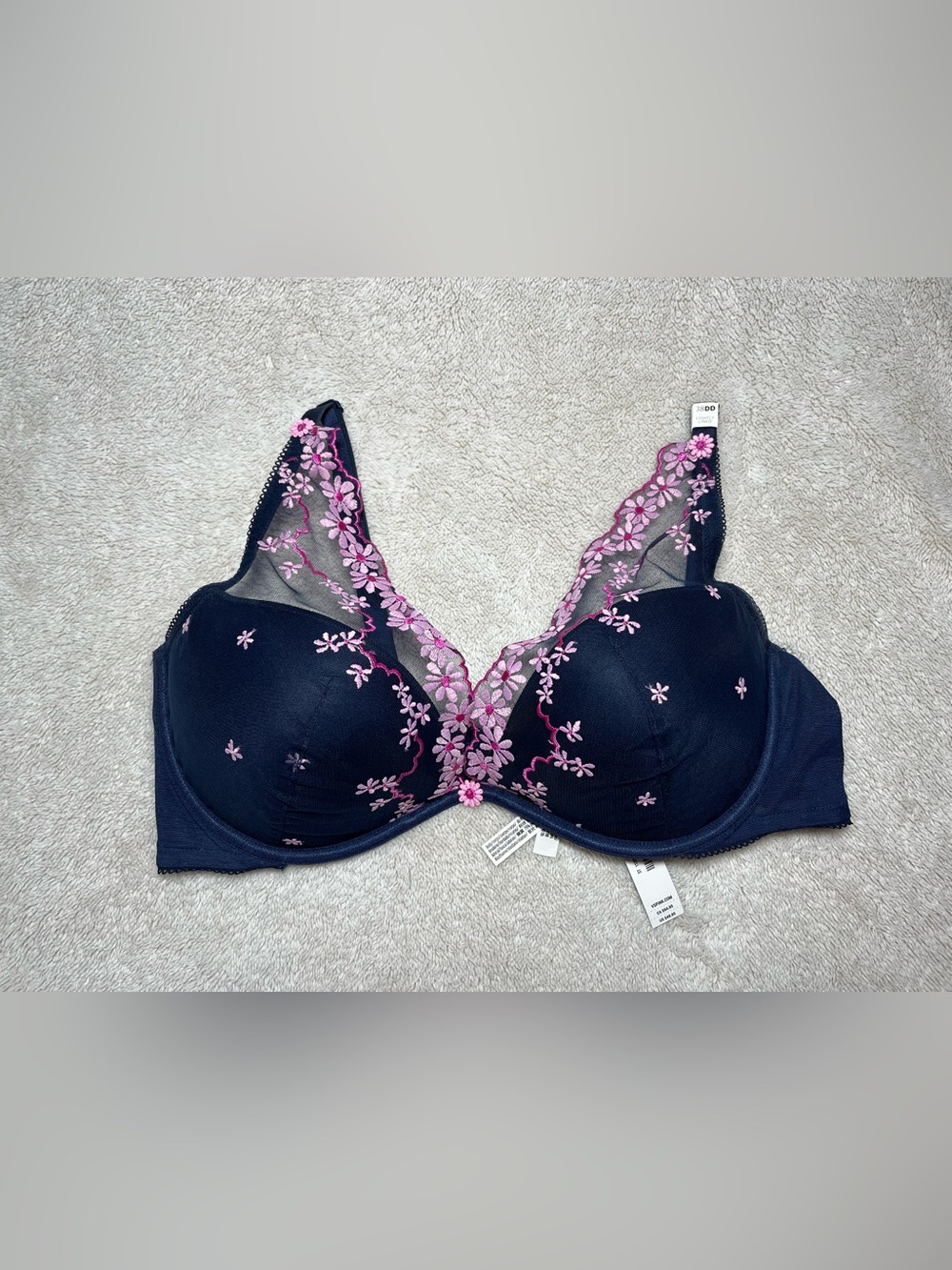 VS PINK Wink Lightly Lined Plunge Bra Daisy Embroidery In Noir Navy 38DD